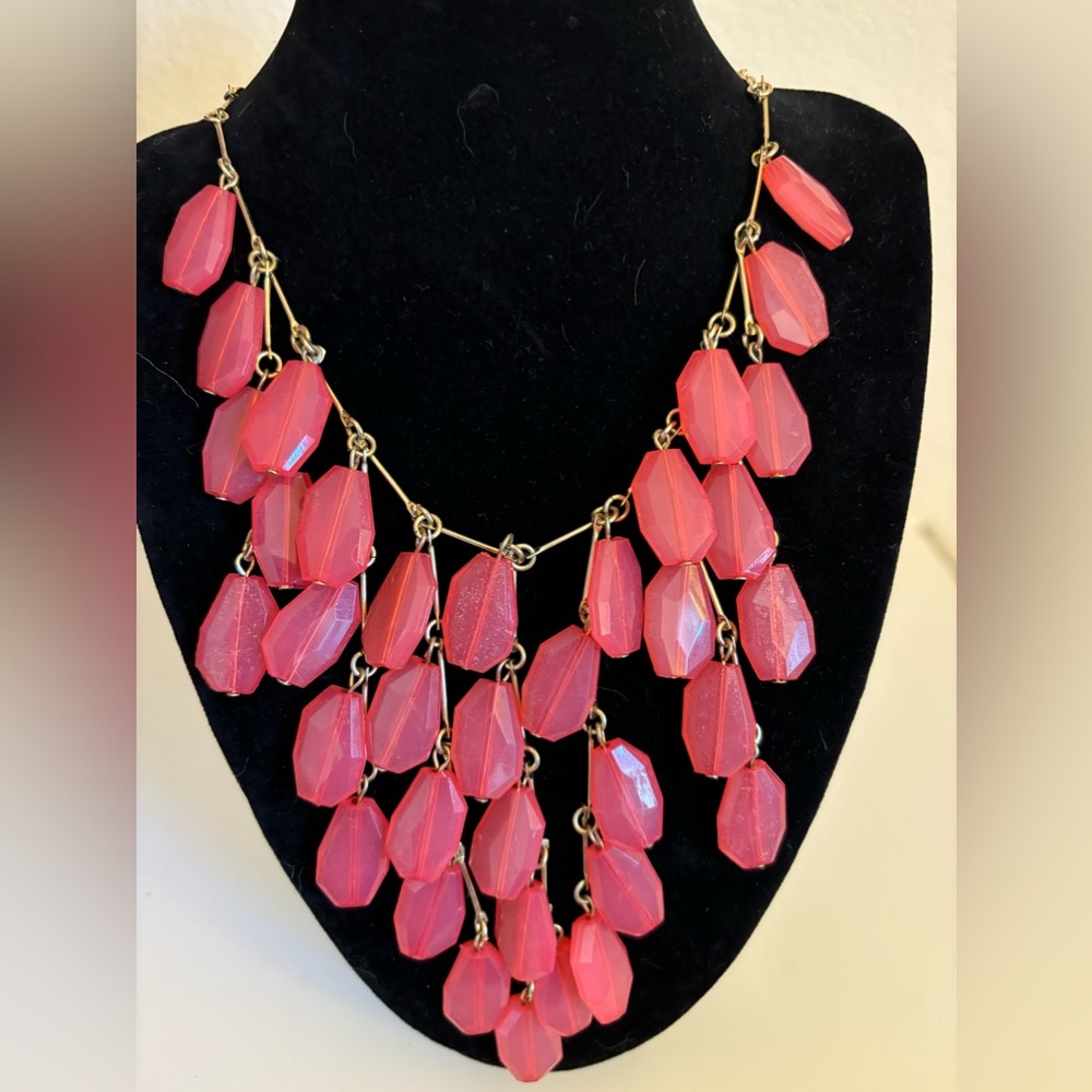 Chandelier Statement Necklace with Coral Colored Beads and Gold Tone Chain, 26”